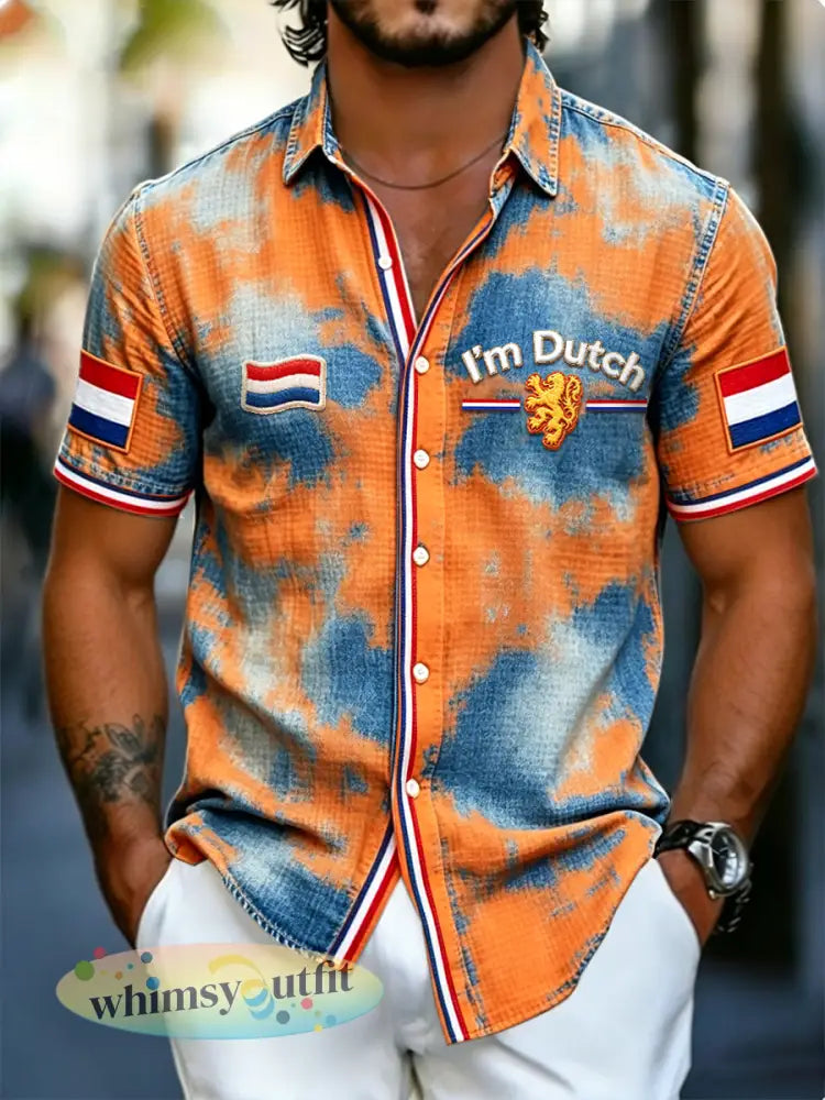 Herenvintage Nederlands geïnspireerde print casual shirt met korte mouwen - Sinaasappel / S