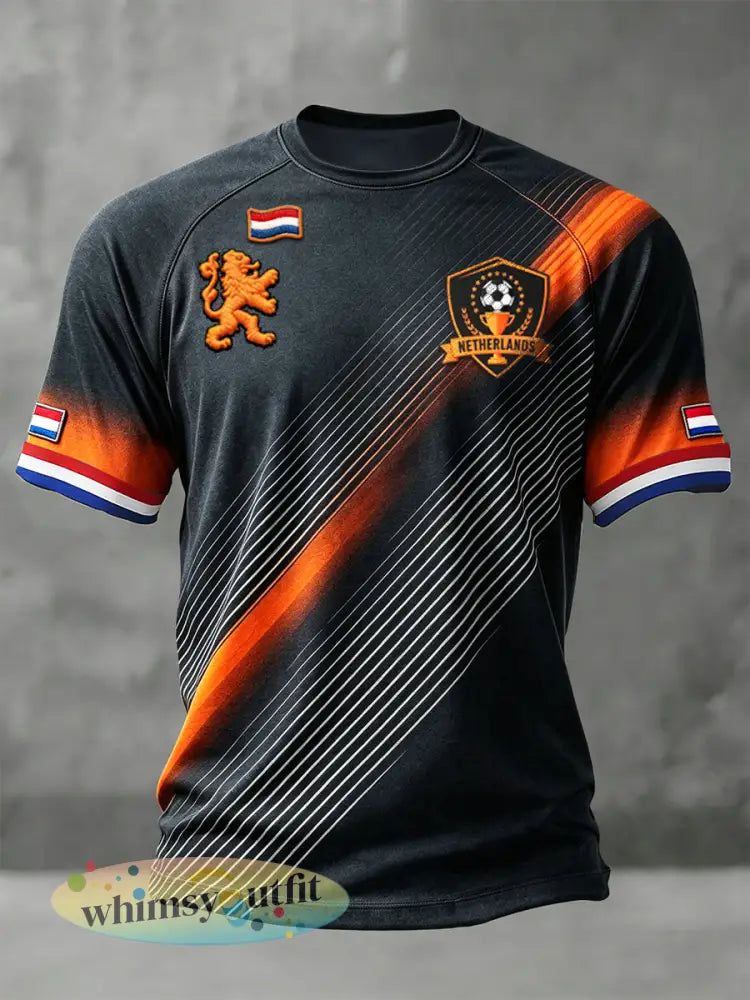 Herenzwart gestreept Nederlands voetbalprint casual trui-t-shirt met vrije schouders - Zwart / S