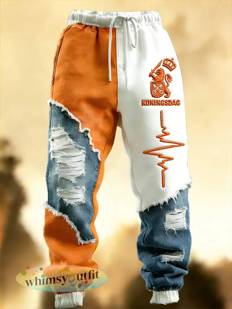 Hollandse koningsdag denim patchwork print casual broek - Oranje wit / S