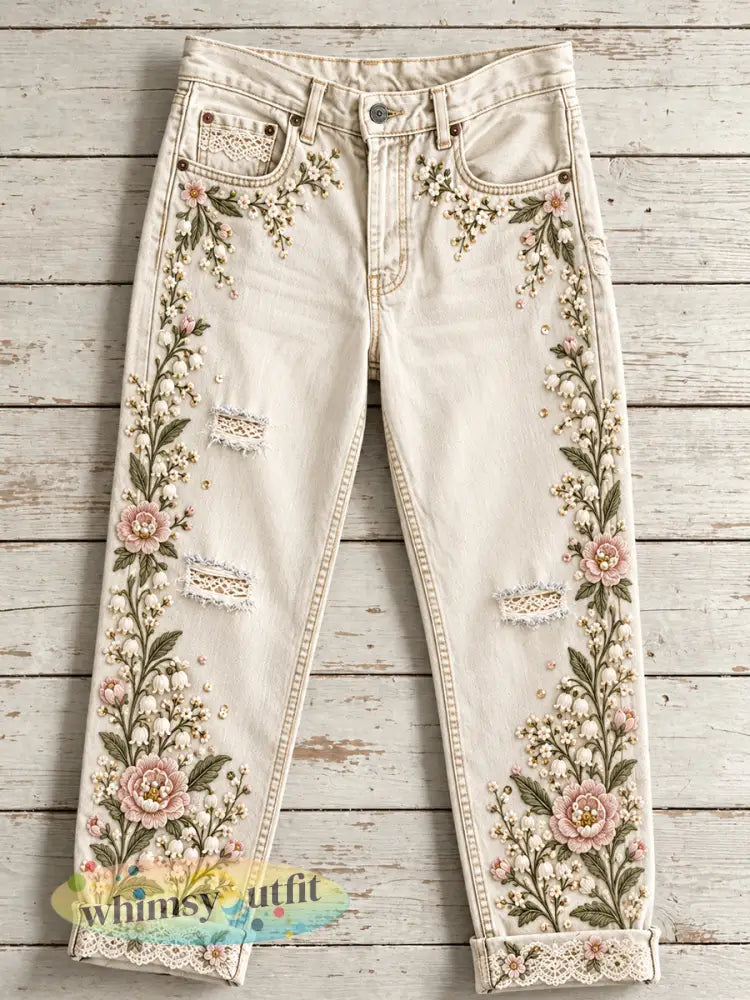 Jeans met bloemenprint voor dames - Abrikoos / S