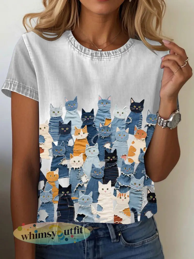 Kat T-shirt met denim print voor dames - Romig-Wit / S