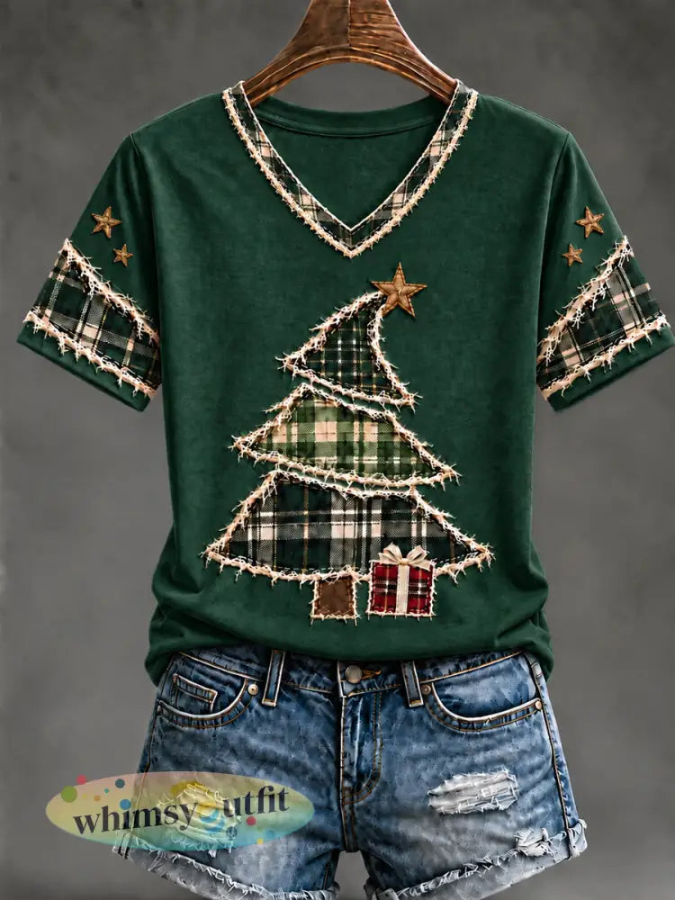 Kerstboomkunst T-shirt met korte mouwen voor dames - Donkergroen / S