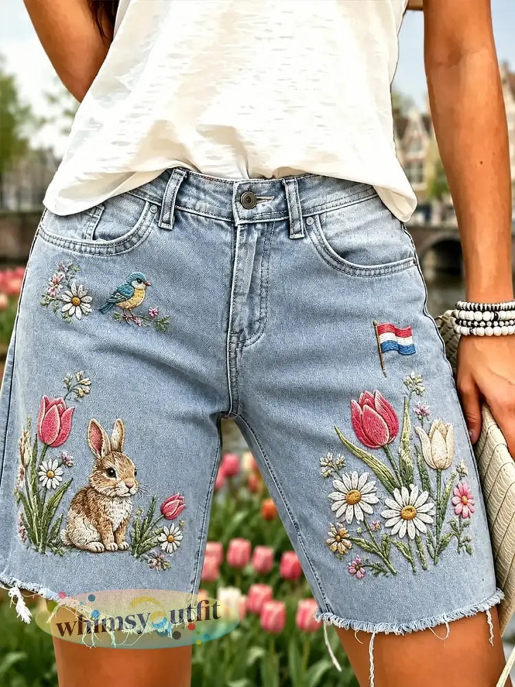 Denim korte broek met grafische print voor de Werelddierendag van vrouwen - A / S