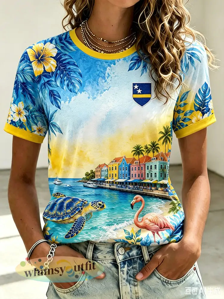 Kunst-T-shirt in vakantiestijl voor vrouwen op een eiland - A / S
