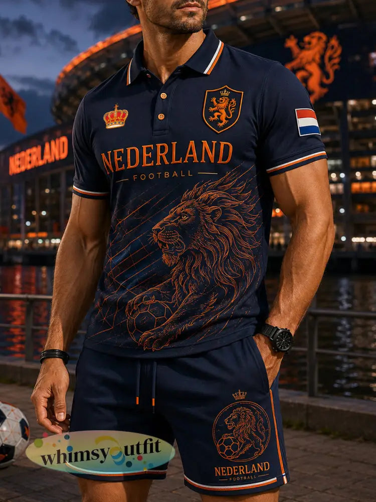 Mannen voetbal leeuwenprint sportief poloshirt met korte mouwen set - A / S