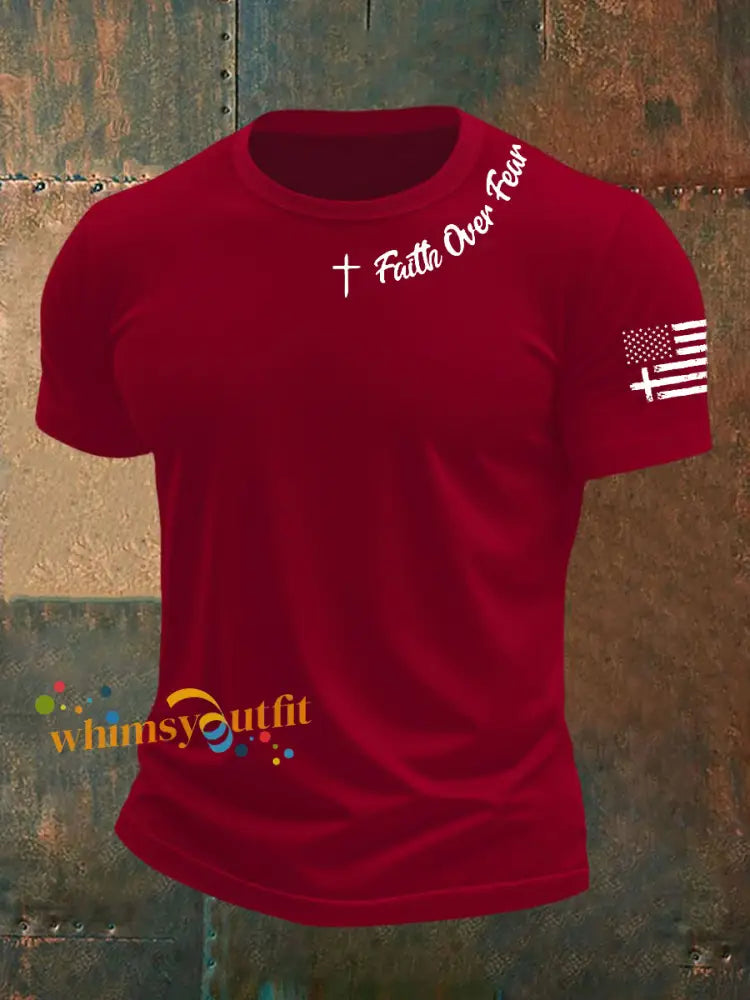 Men’s Faih Over Fear Flag Cross Print Short Sleeve T Shirt Deep Red / S