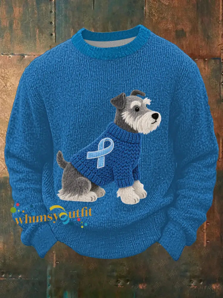 Men’s Felt Art Schnauzer Dog Pattern Cozy Knit Top Blue / S