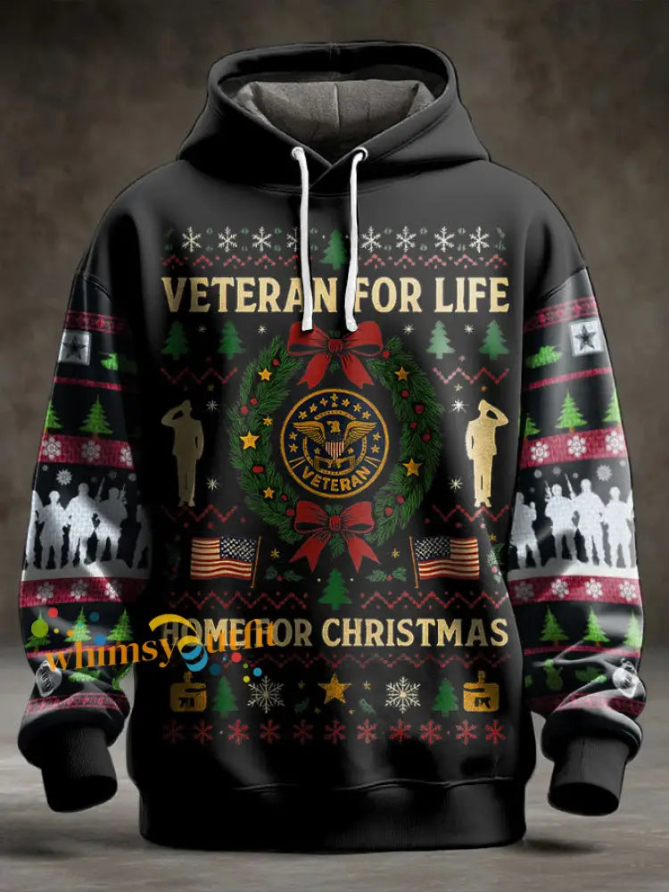 Men’s Funny Veteran Christmas Printed Hoodie Black / S