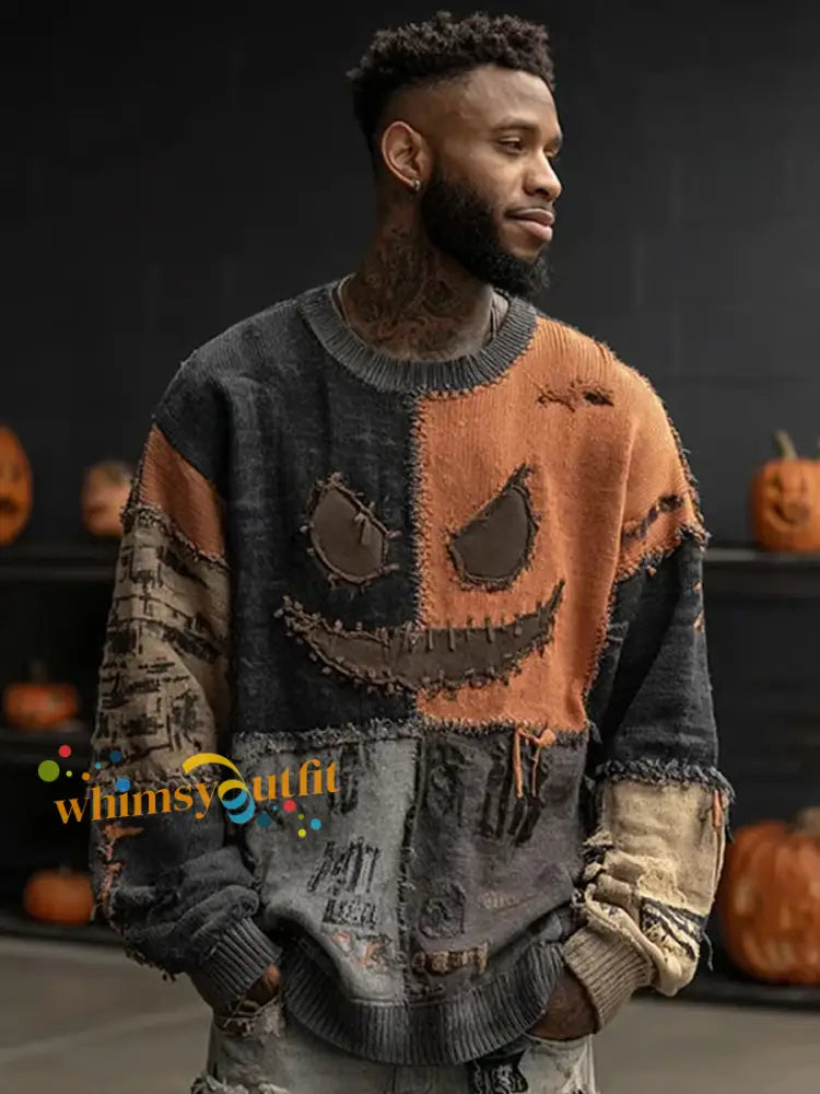 Men’s Halloween Spooky Face Stitched Print Sweater Pumpkin Orange / S