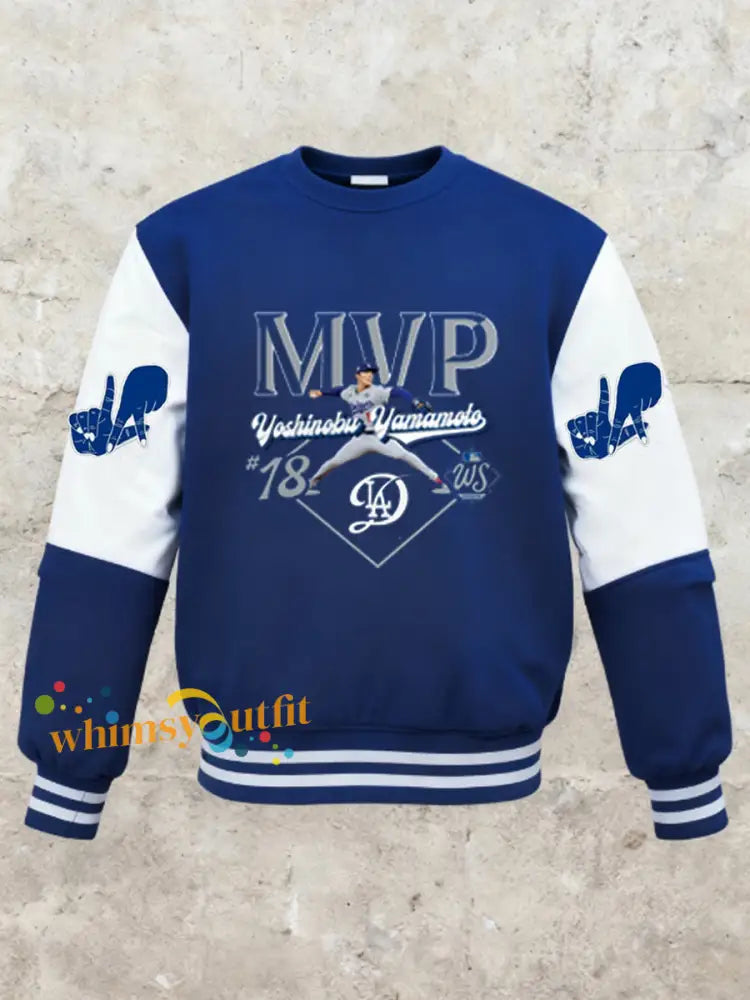 Men’s Los Angeles Dodgers Yohji Yamamoto MVP World Series Champion 2025 Reversible Baseball Crew Neck Sweatshirt Blue