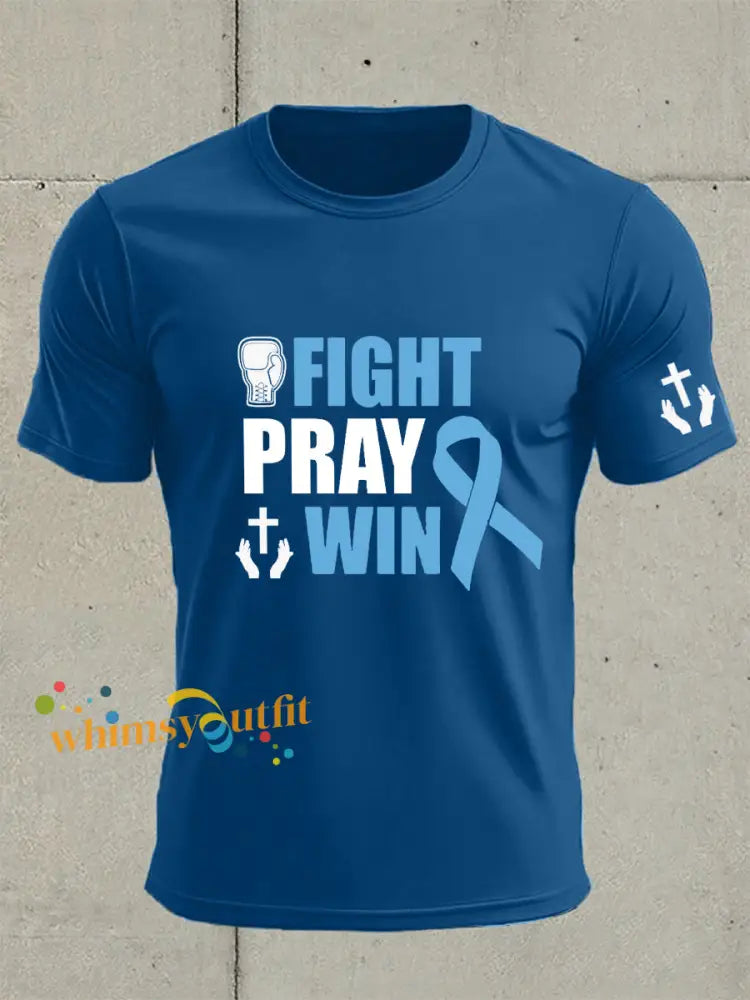 Men’s Prostate Cancer Awareness Fight Pray Win Print T Shirt Blue / S