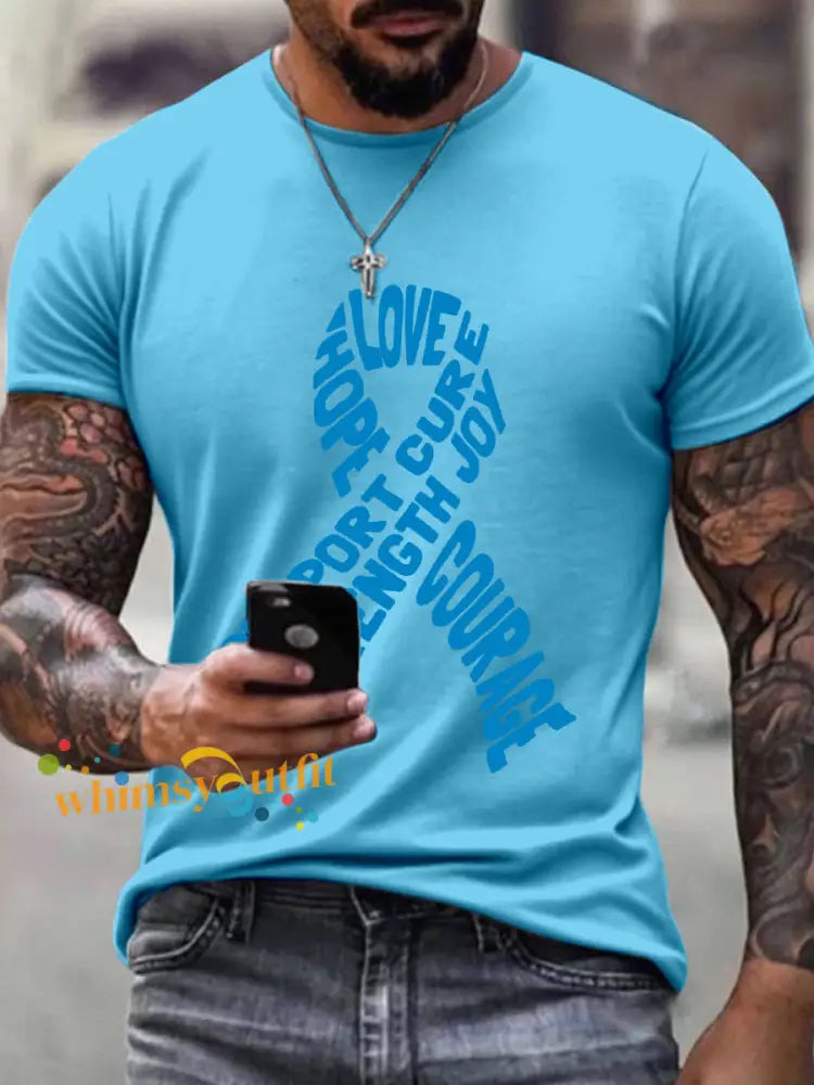 Men’s Prostate Cancer Awareness Ribbon Print T Shirt Light Blue / S