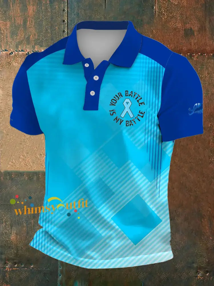 Men’s Prostate Cancer Print Polo Collar Casual Short Sleeved Shirt Blue / S