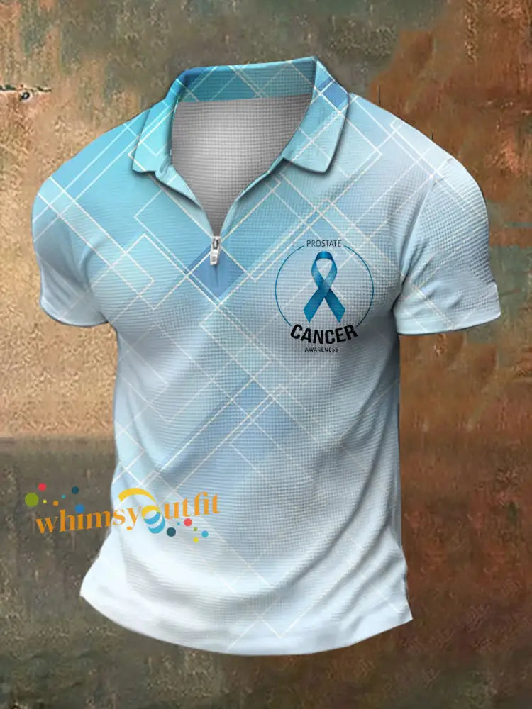 Men’s Prostate Cancer Print Polo Neck Waffle Short Sleeve T Shirt White Blue / S