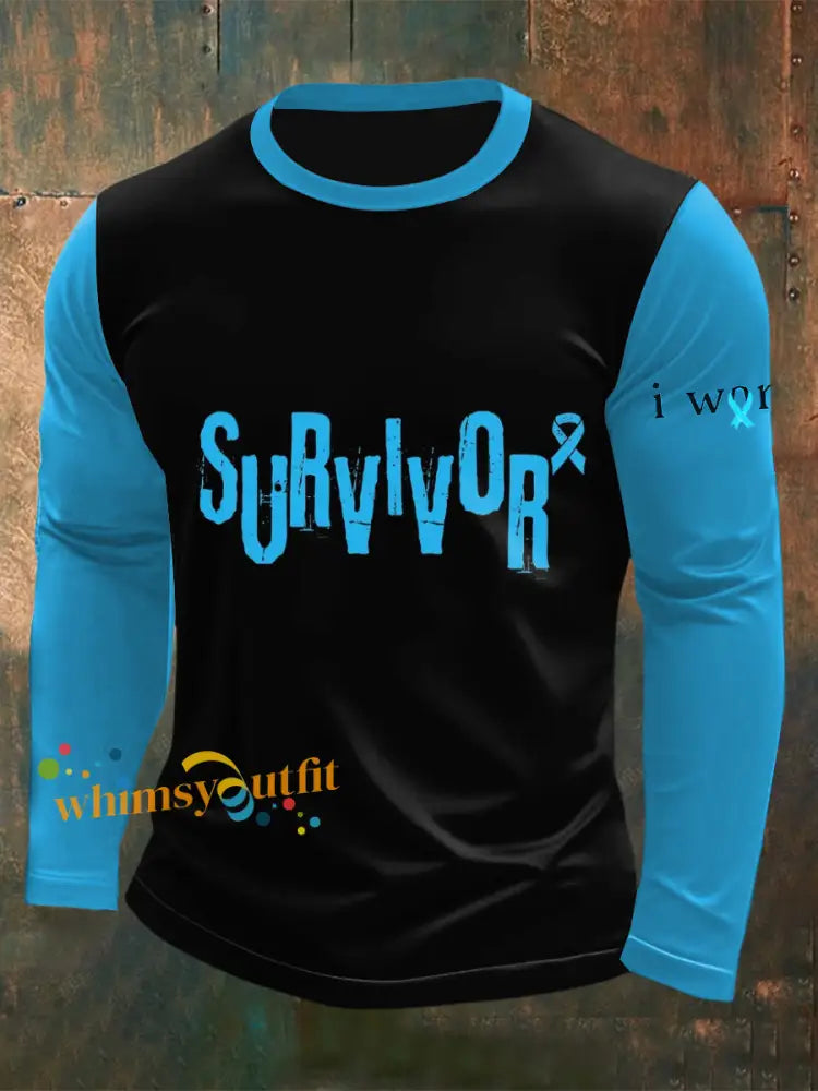 Men’s Prostate Cancer Printed Long Sleeved Round Neck T shirt Dark Blue / S