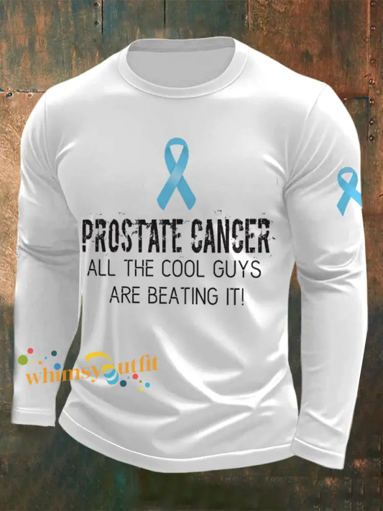 Men’s Prostate Cancer Printed Long Sleeved Round Neck T shirt White / S