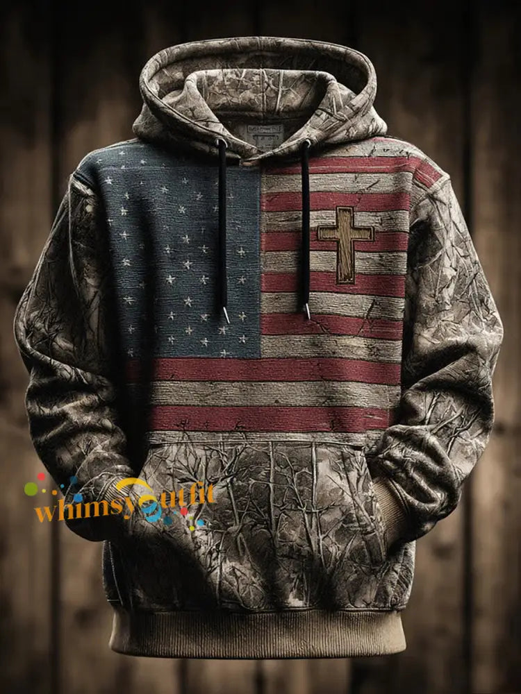 Men’s Retro Western Casual Faith Cross Art Print Oversized Drop Shoulder Pockets Hoodie As picture / S