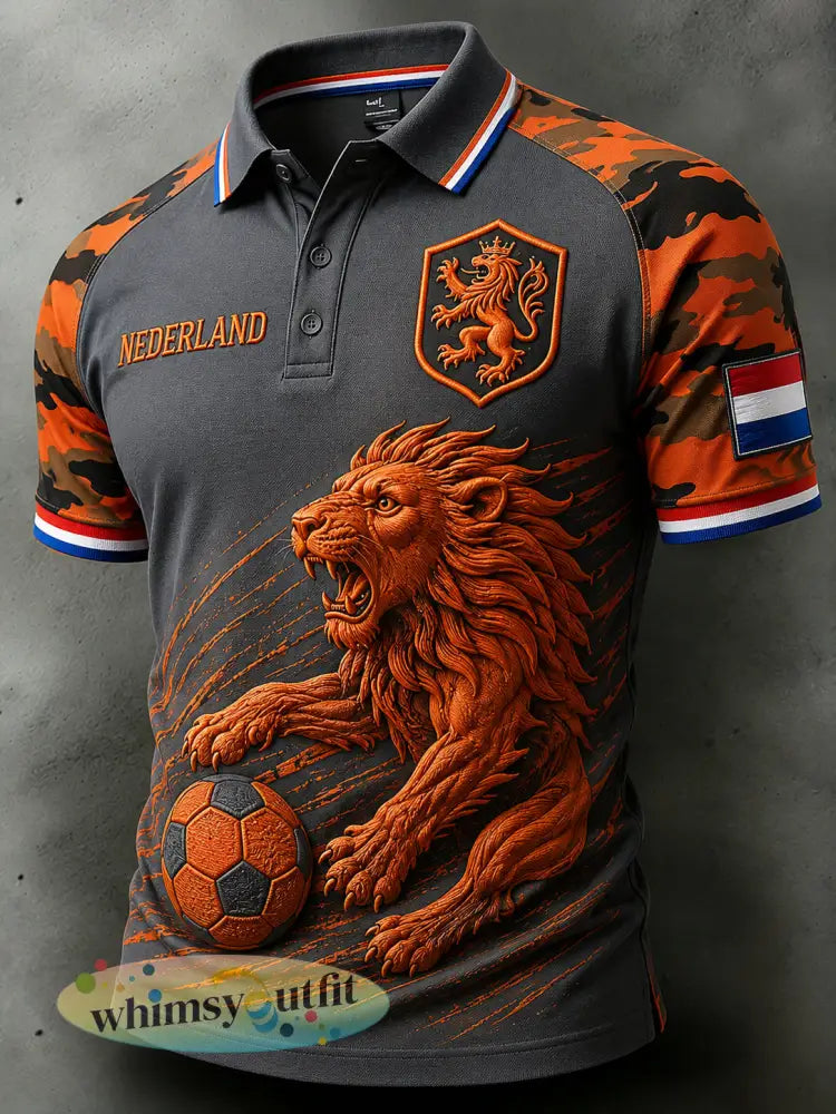 Men’s Short-Sleeved Polo Shirt With Lion And Football Print - A / S