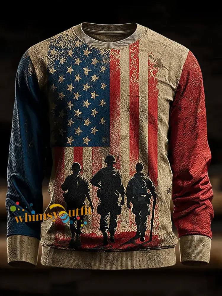 Men’s Veterans Day US Flag Printed Crew Neck Sweatshirt As picture / S
