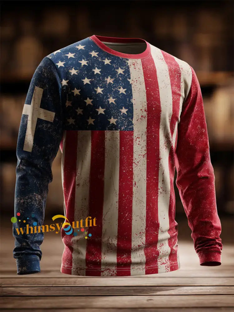 Men’s Vintage Casual American Flag Faith Cross Long Sleeve T shirt As picture / S