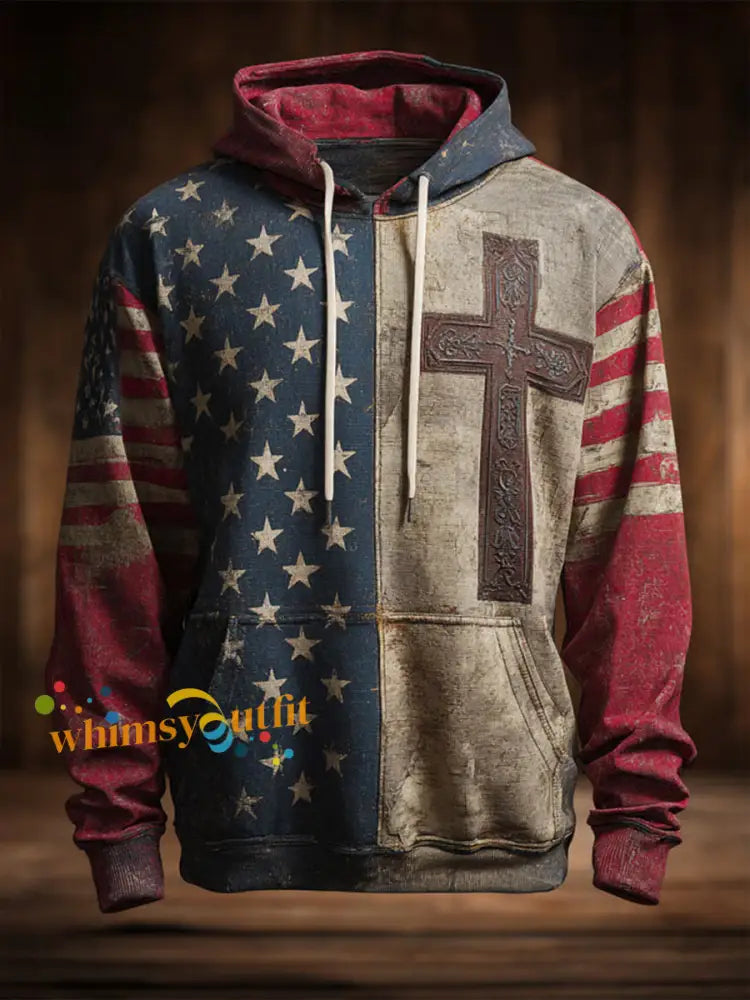 Men’s Vintage Casual American Flag Faith Cross Oversized Drop Shoulder Pockets Hoodie As picture / S