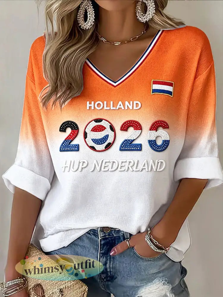 Nederlandse Dames Voetbal 2026 Gedrukte Casual Waffle-Weave V-hals T-shirt - Sinaasappel / S