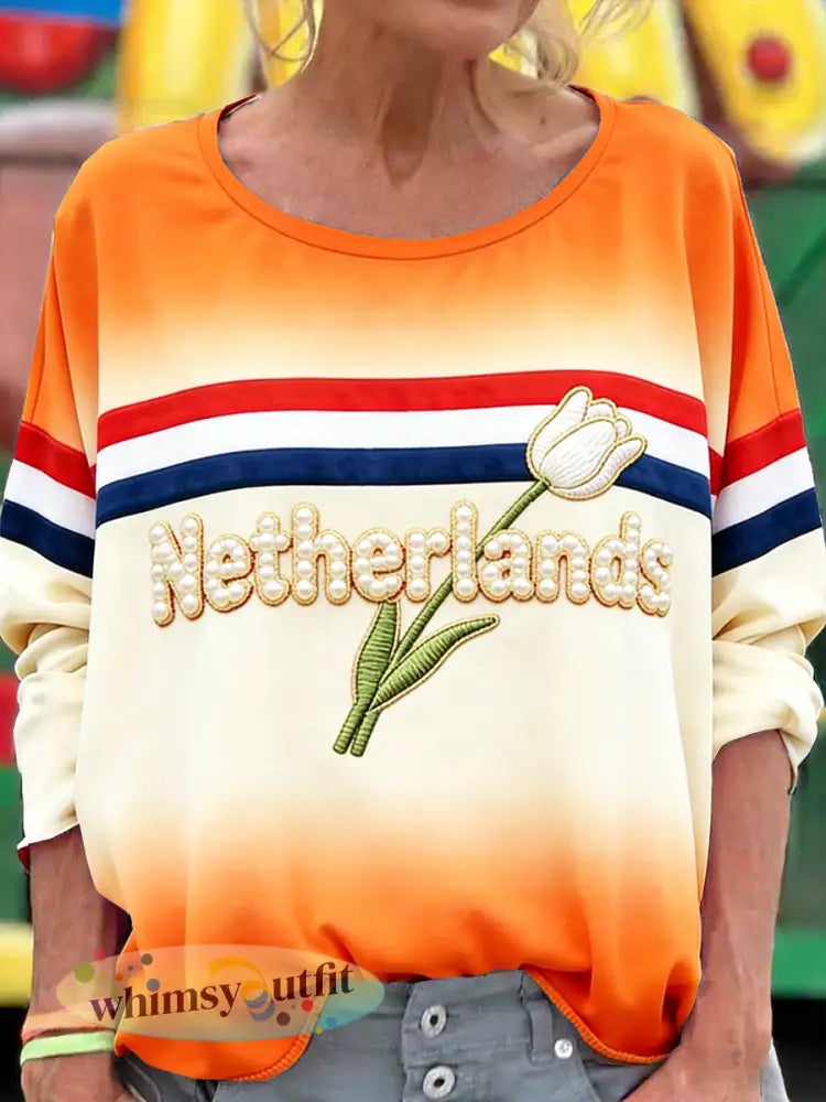 Nederlandse geometrische check patchwork print casual T-shirt met lange mouwen - Oranje wit / S