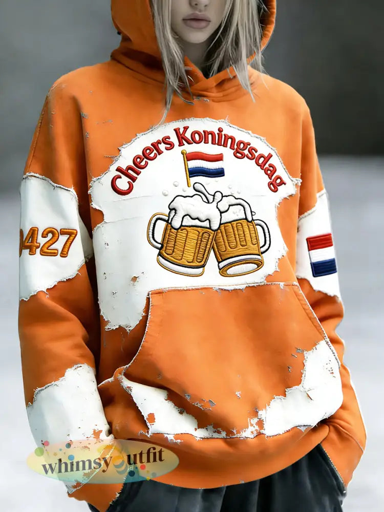 Nederlandse Koningsdag bierpatchwork print casual sweatshirt met capuchon - Sinaasappel / S