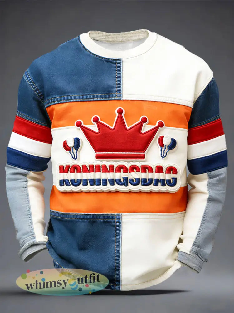 Nederlandse Koningsdag denim patchwork print T-shirt met lange mouwen - Veelkleurig / S