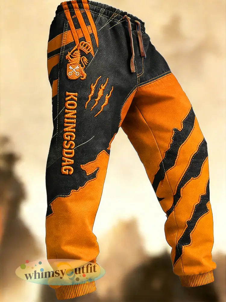 Nederlandse koningsdag patchwork print casual mode joggingbroek broek voor heren - Zwarte Sinaasappel / S