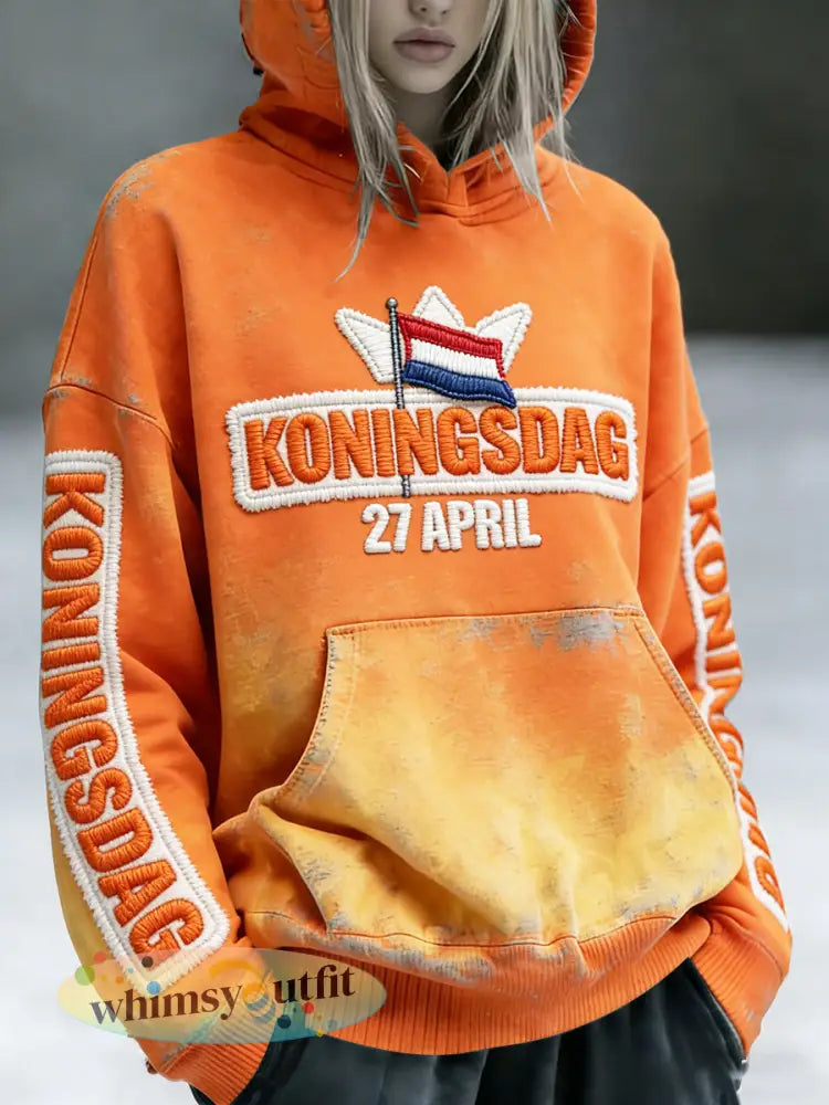 Nederlandse Koningsdag vintage gradiëntprint oranje sweatshirt met capuchon voor dames - Sinaasappel / S