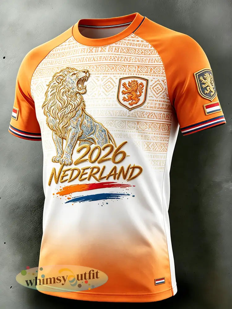 Nederlandse leeuw 2026 voetbal gradiënt print casual drop-shoulder t-shirt - Sinaasappel / S