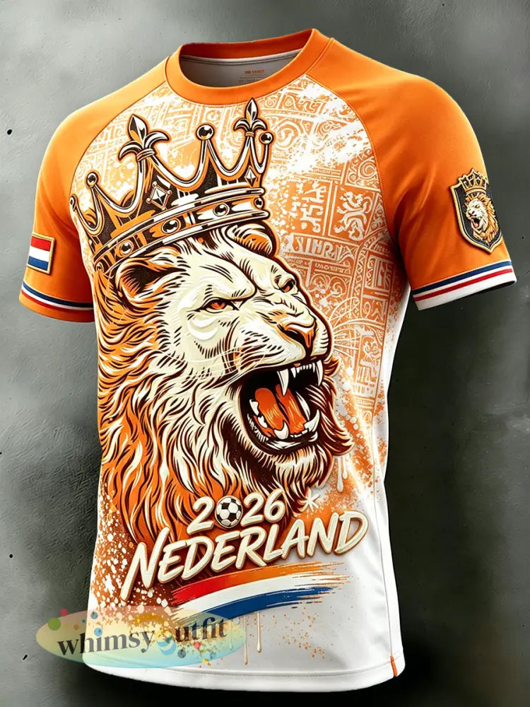 Nederlandse Leeuw Mannen Voetbal Gradiënt Print Casual Drop-Shoulder T-Shirt - Sinaasappel / S