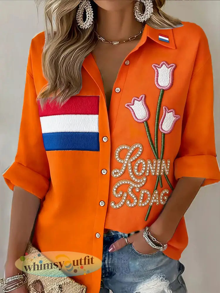 Nederlandse tulp koningsdag 3d print casual shirt met lange mouwen - Sinaasappel / S