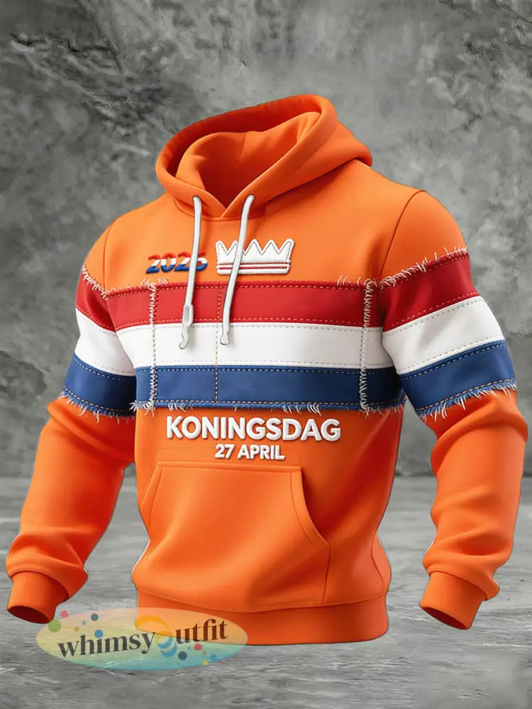 Nederlandse Vlag 2026 Koningsdag patchwork print sweatshirt met capuchon - Sinaasappel / S