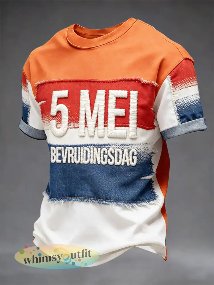 Nederlandse Vlag voor Heren Bevrijdingsdag Patchwork Print Casual T-shirt - Veelkleurig / S