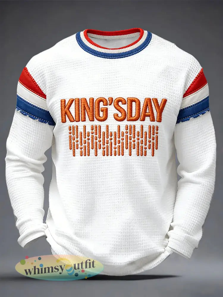 Nederlandse Vlag voor Heren Koningsdag Patchwork Print Waffle Weave T-shirt met lange mouwen - Wit / S