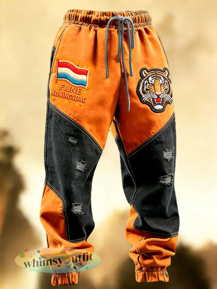 Nederlandse Vlag voor Heren Koningsdag Tiger Print Patchwork Joggingbroek Broek - Oranje wit / S