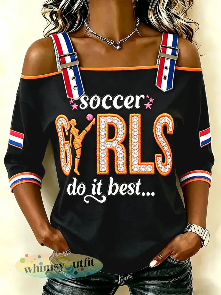 Nederlandse voetbalmeisjes voor dames print casual off-the-shoulder tanktop - Zwart / S