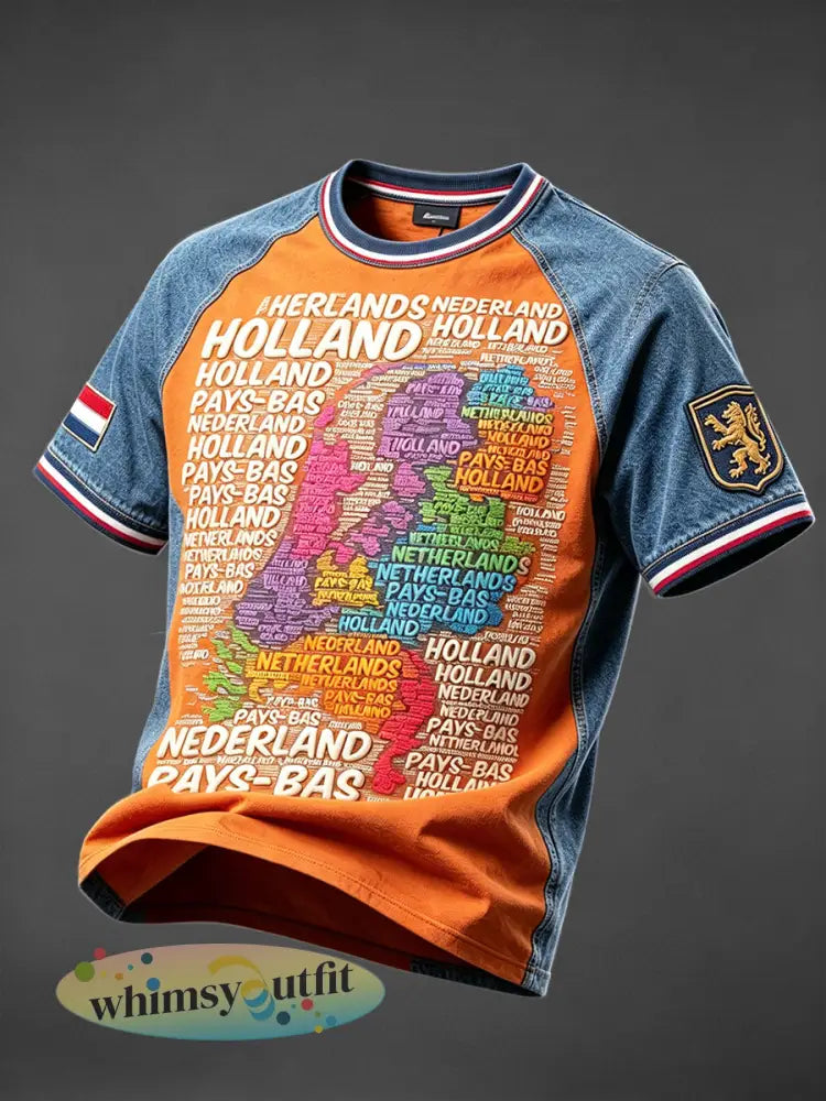 Nederlandse Zomer Carnaval Print Casual T-shirt voor heren - Sinaasappel / S
