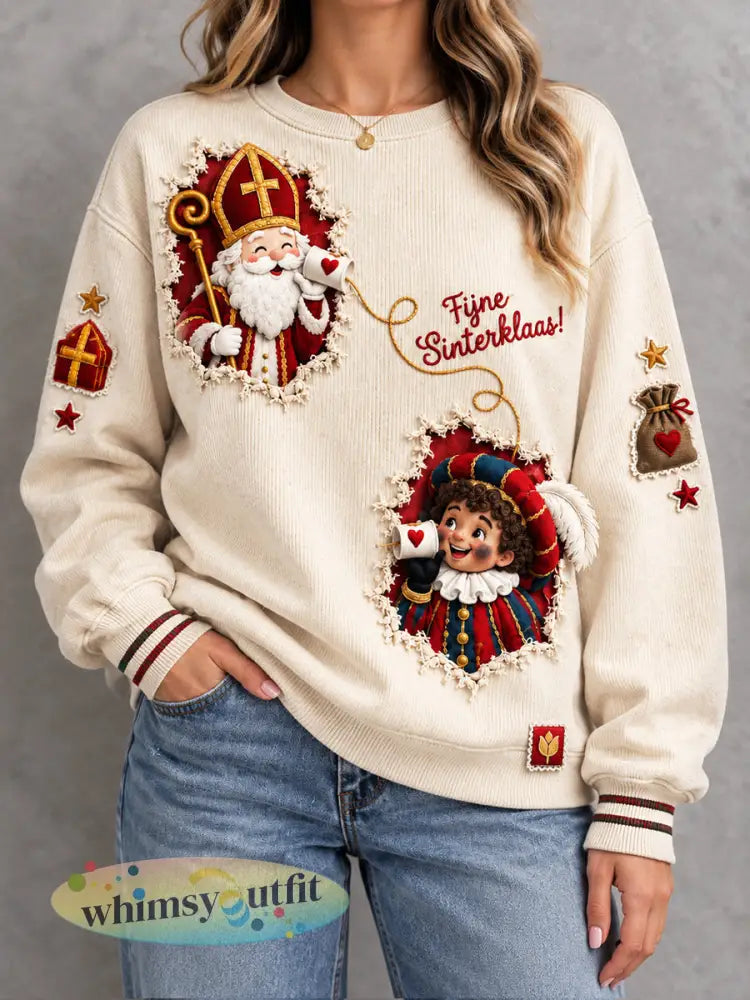Off-White Nederlandse Sint-Nicolaasdag Fun Print Casual Sweatshirt voor dames - Romig-Wit / S