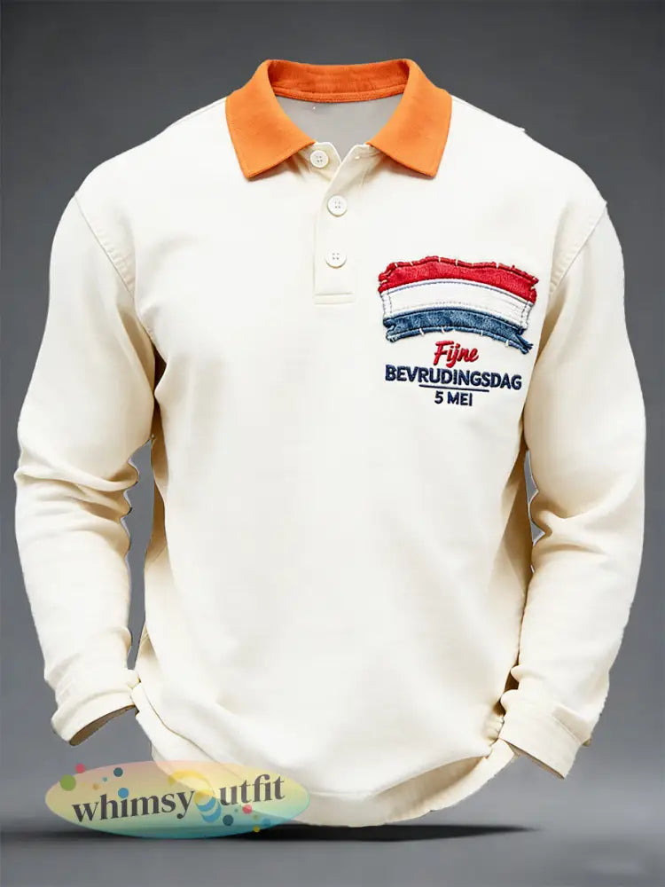 Off-White Nederlandse Vlag Bevrijdingsdag voor heren casual T-shirt met lange mouwen - Romig-Wit / S