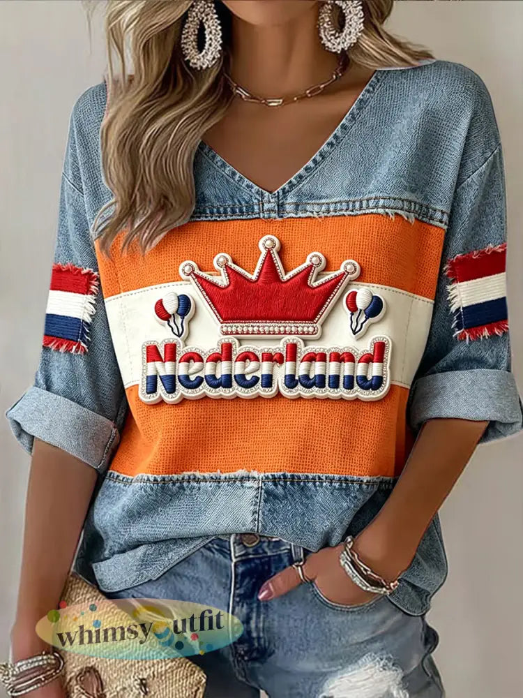 Op Nederland geïnspireerde casual T-shirt met V-hals en patchwork-print - Veelkleurig / S