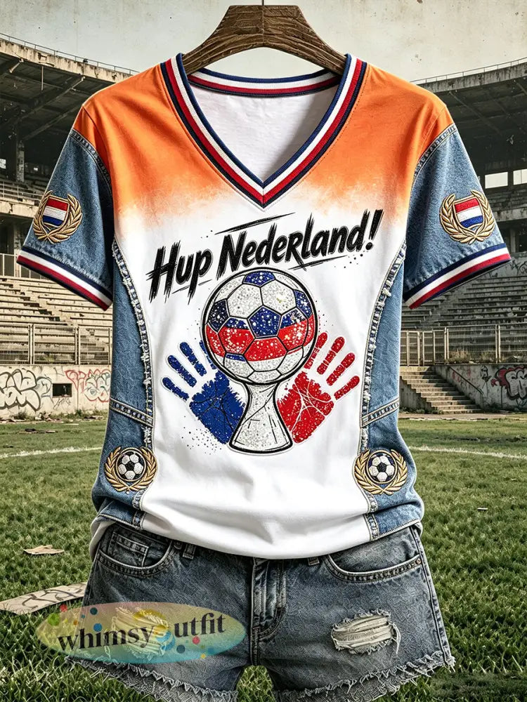 Oranje Dames Gradiënt Nederlands Voetbal Patchwork Print Casual V-hals T-shirt - Veelkleurig / S