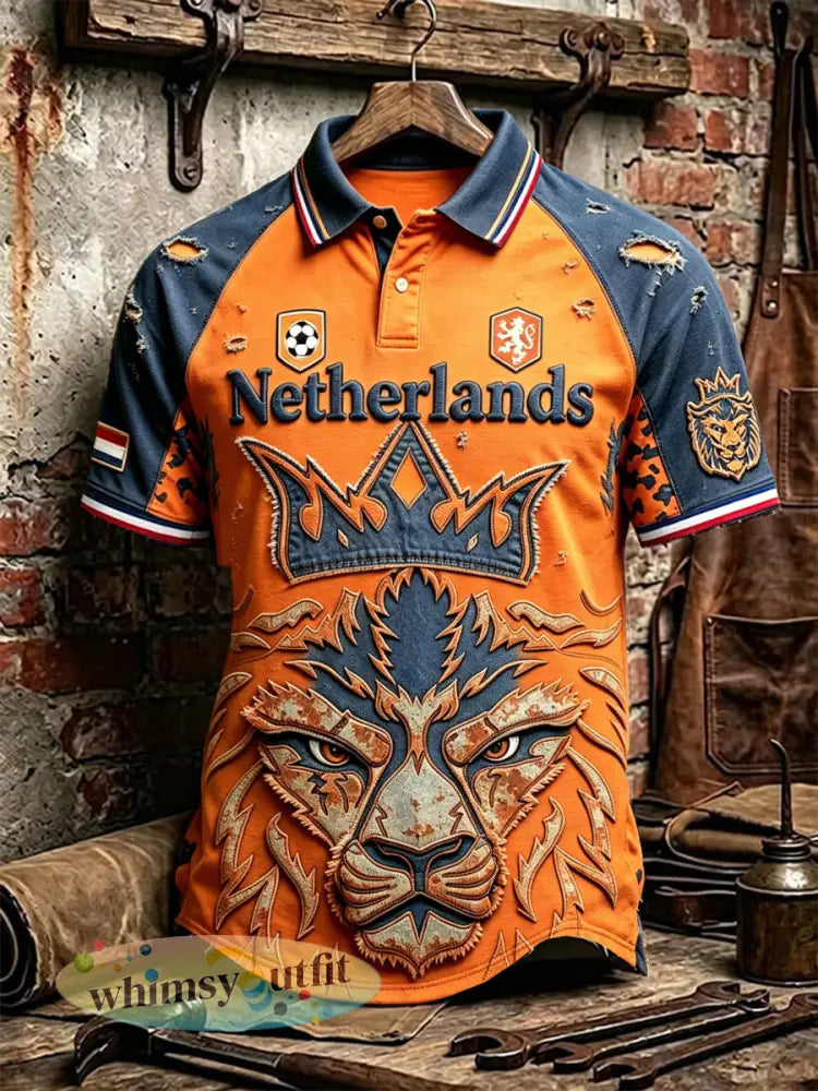Oranje herenpolo met 3D-patchworkprint van Nederlandse voetballeeuw casual stijl - Sinaasappel / S
