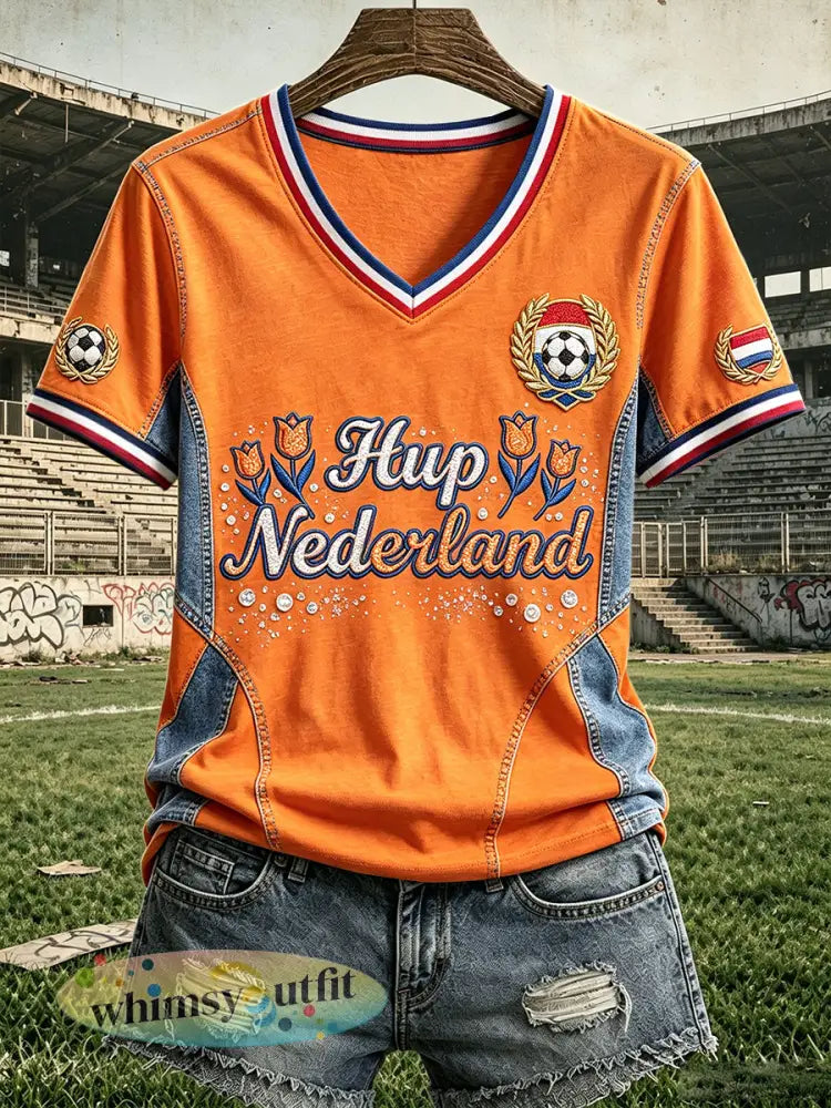 Oranje Nederlands voetbal dames-Geïnspireerd denim patchwork print casual T-shirt met V-hals - Sinaasappel / S
