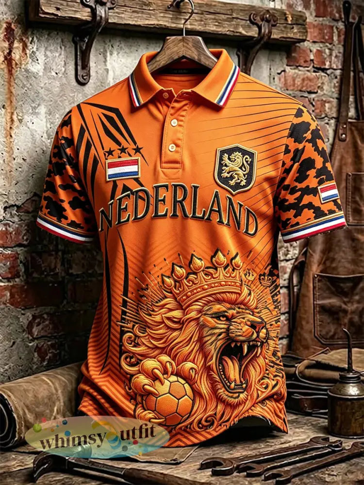Oranje voetbalpolo voor heren met 3D-geprinte leeuw casual model - Sinaasappel / S