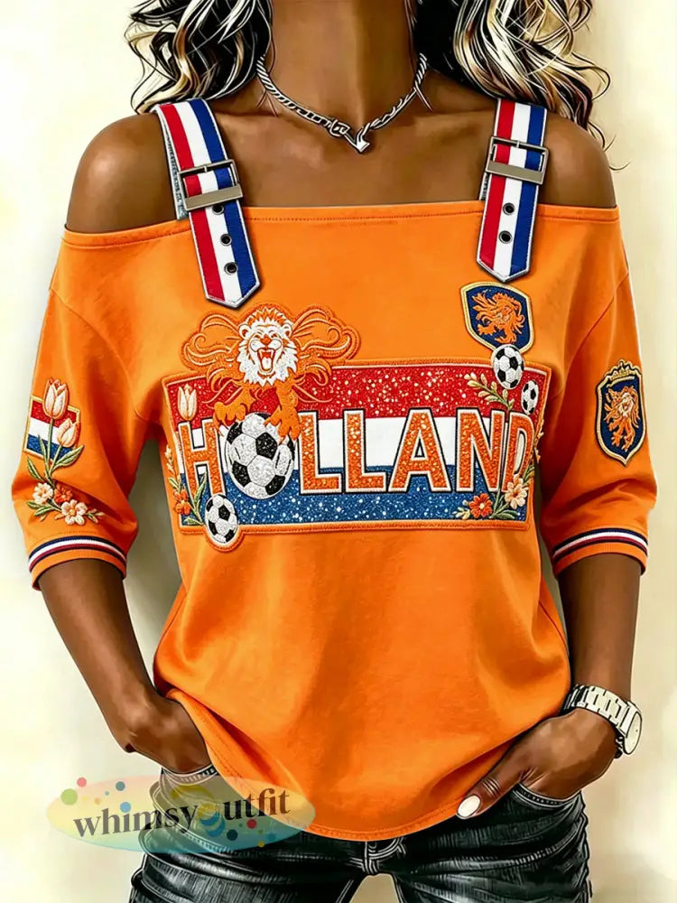 Oranje vrijetijdsstrapless top voor dames met Holland-vlag en voetbalprint - Sinaasappel / S