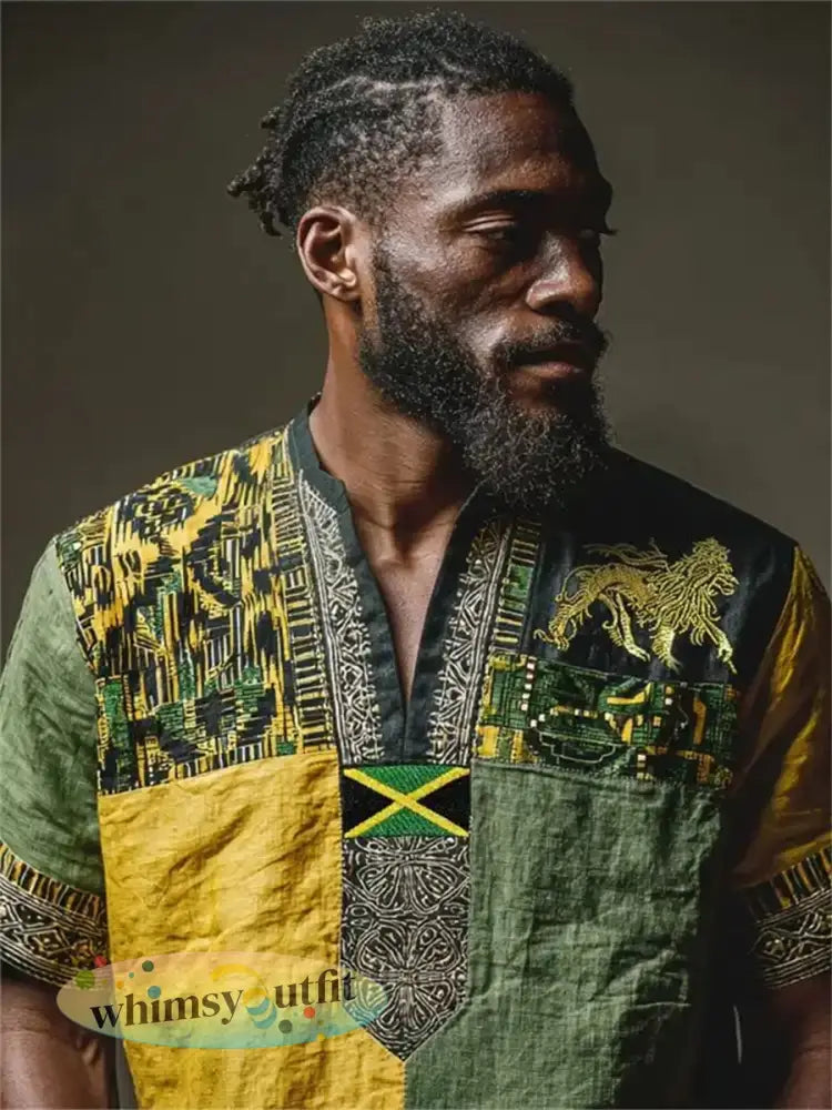 Reggae leeuw Jamaica vlag Afrikaanse Kente colorblock print korte mouwen - als foto / S