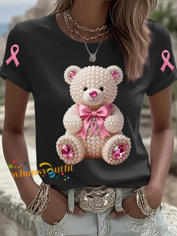 Retro Breast Cancer Pearl Bow Bear Print Short Sleeve T Shirt Black / S